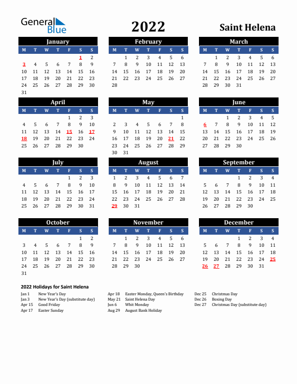 2022 Saint Helena Holiday Calendar