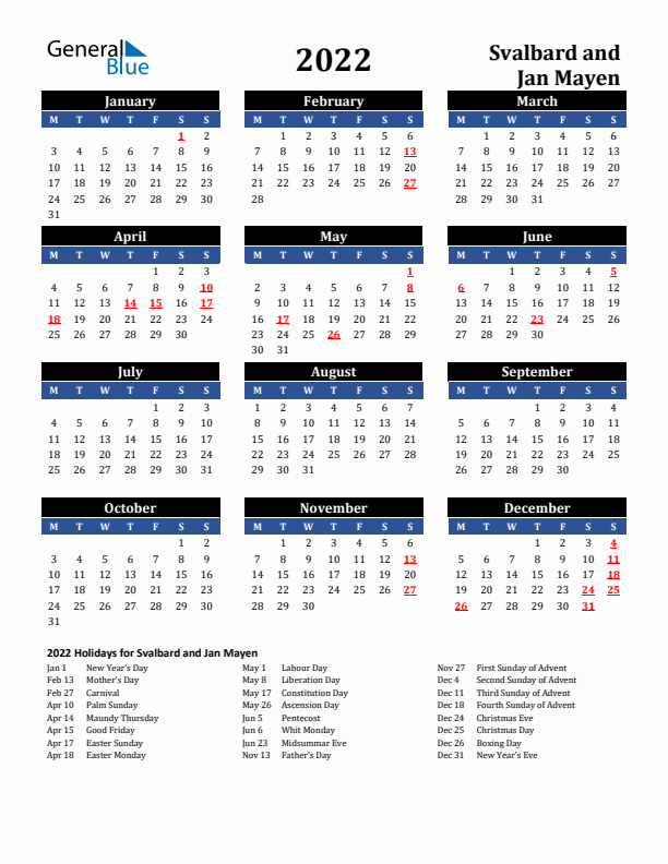 2022 Svalbard and Jan Mayen Holiday Calendar