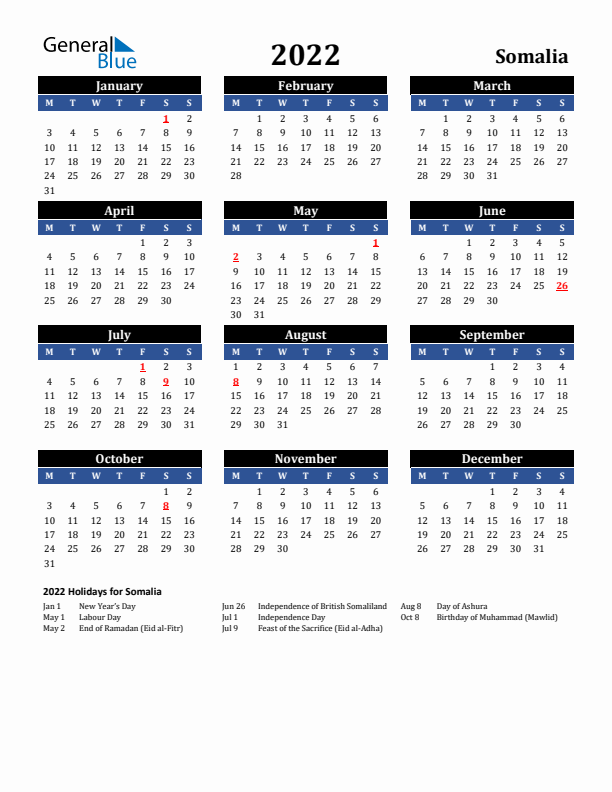 2022 Somalia Holiday Calendar
