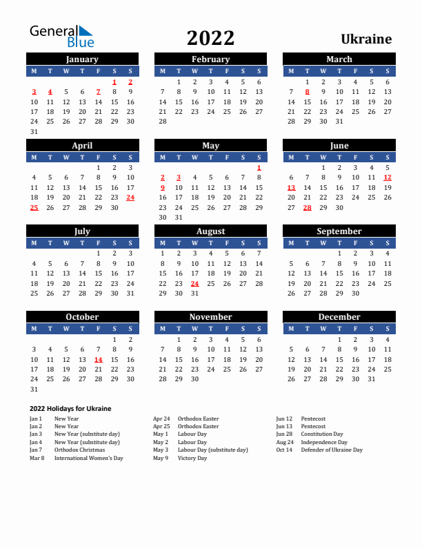 2022 Ukraine Holiday Calendar