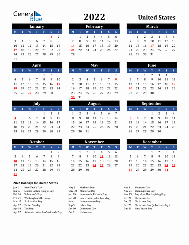 2022 United States Holiday Calendar