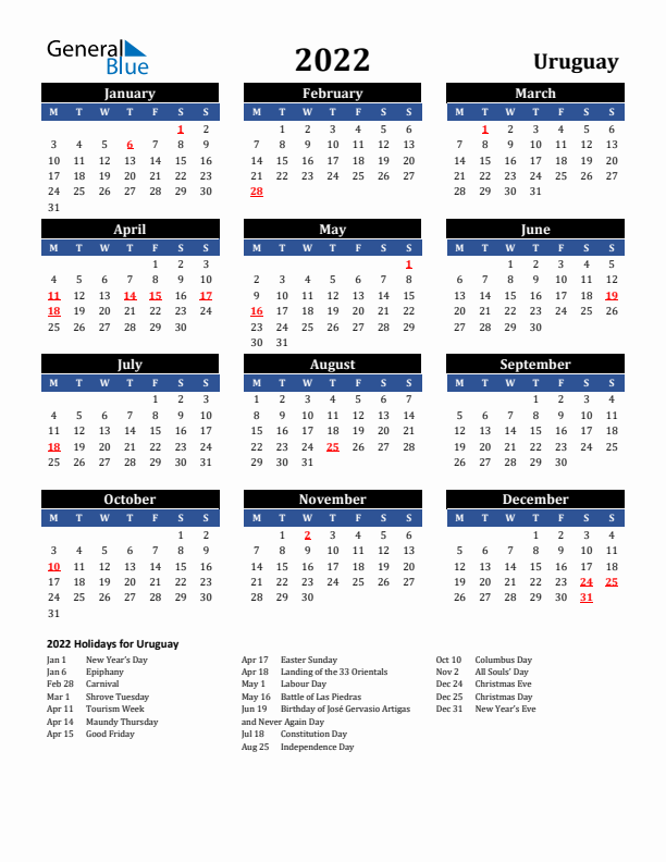 2022 Uruguay Holiday Calendar