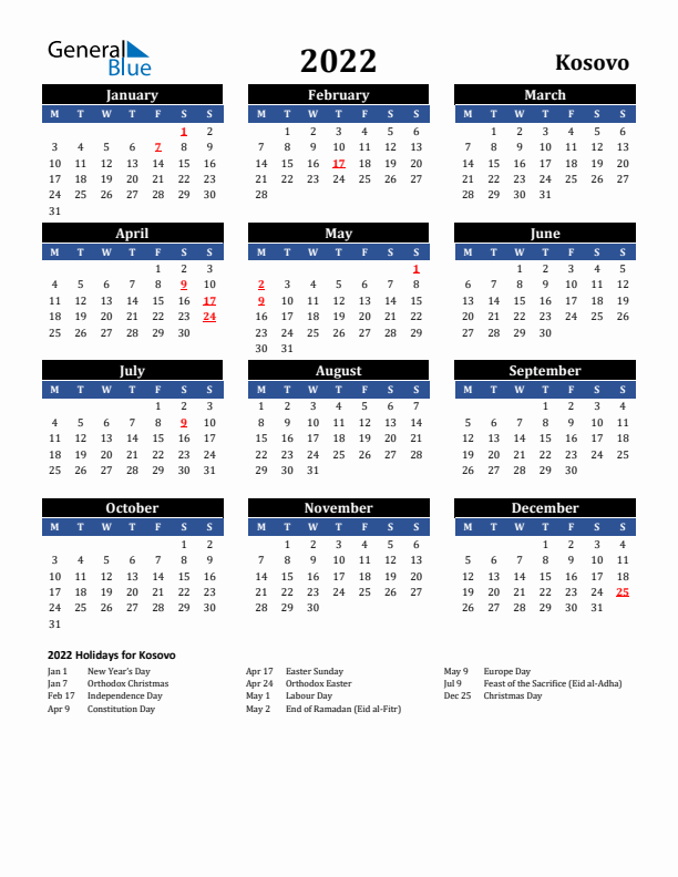 2022 Kosovo Holiday Calendar