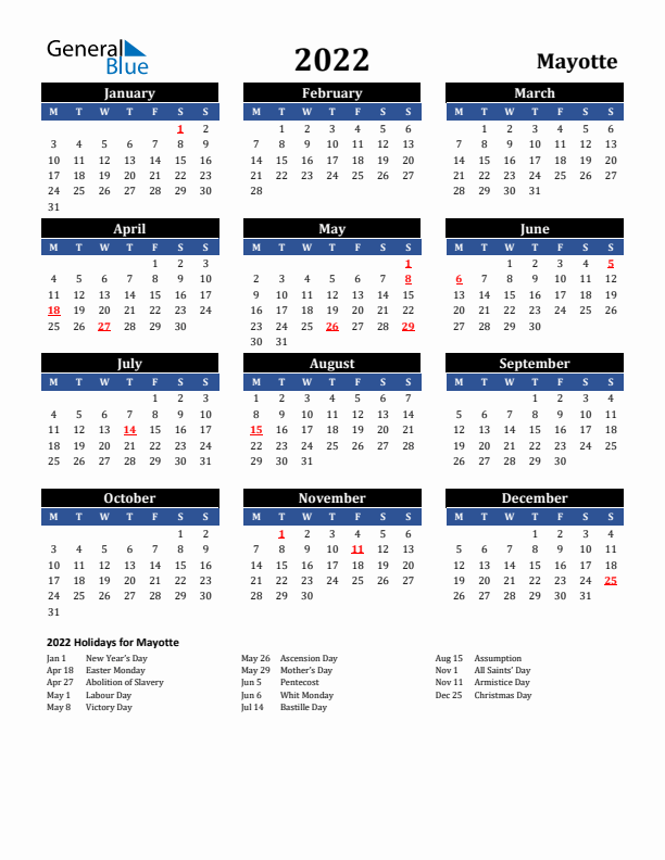 2022 Mayotte Holiday Calendar