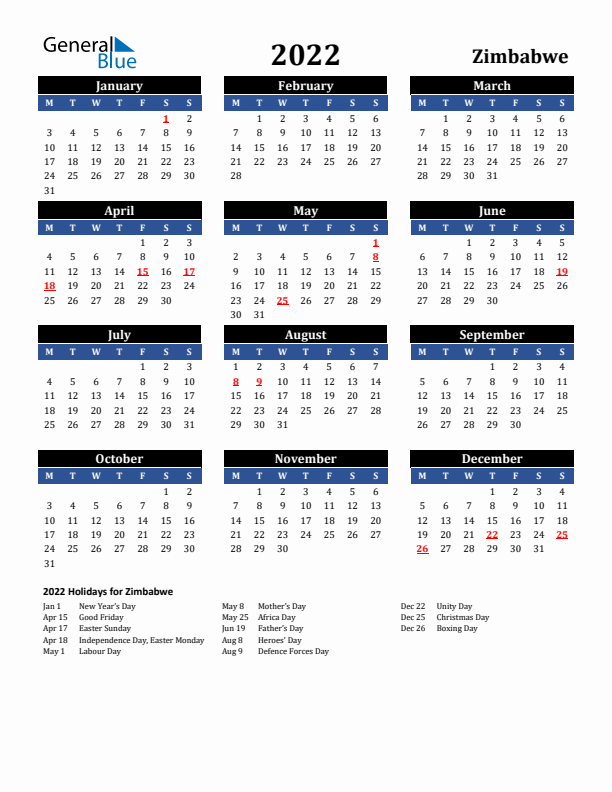 2022 Zimbabwe Holiday Calendar