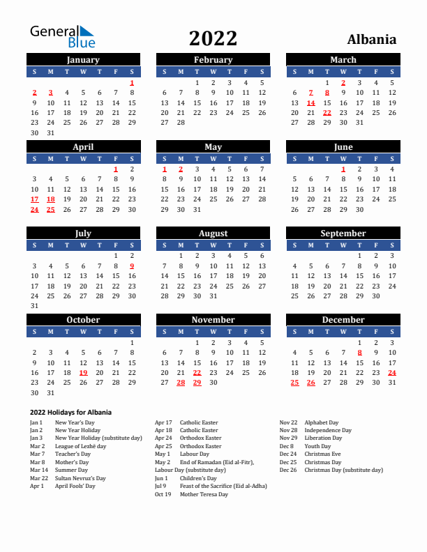 2022 Albania Holiday Calendar