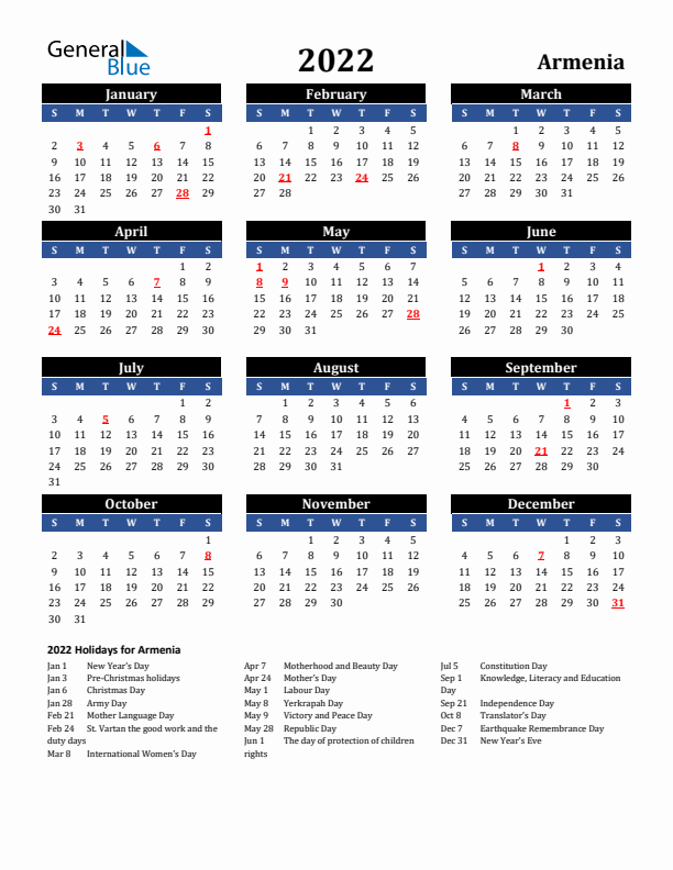2022 Armenia Holiday Calendar