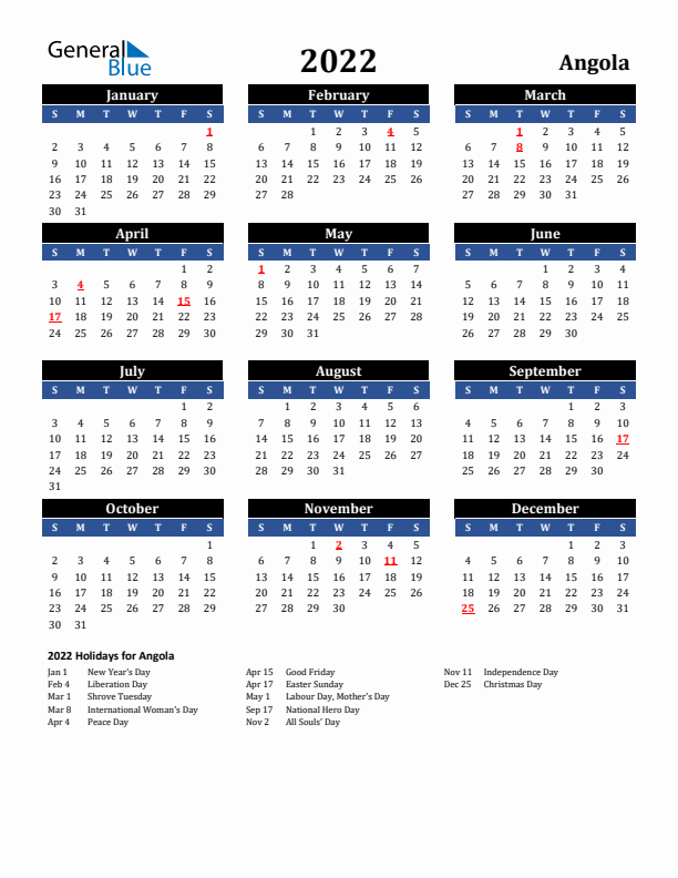 2022 Angola Holiday Calendar