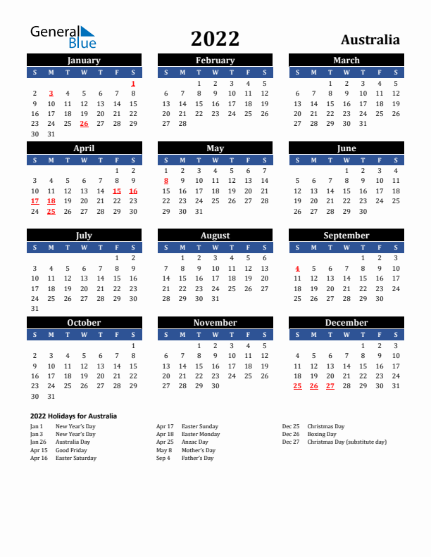 2022 Australia Holiday Calendar