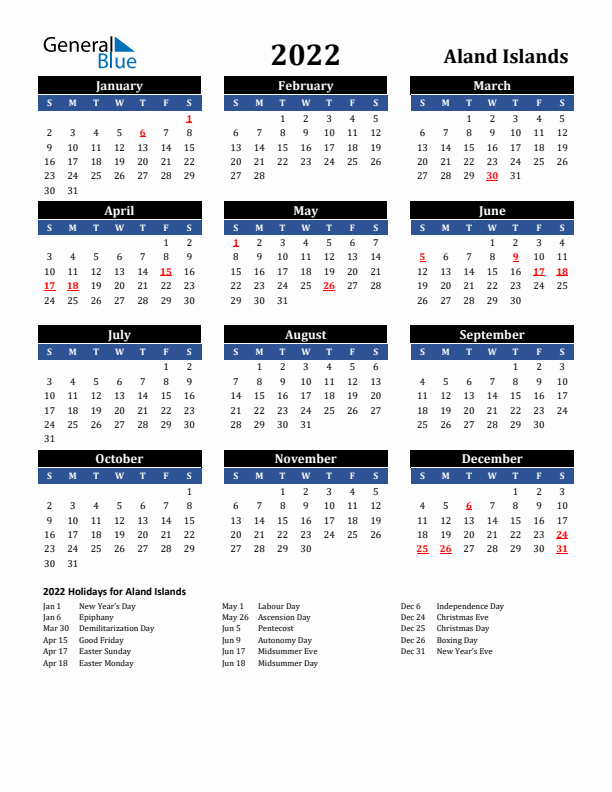 2022 Aland Islands Holiday Calendar
