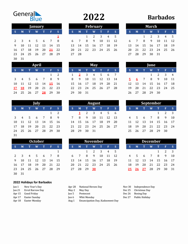2022 Barbados Holiday Calendar