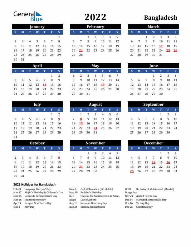 2022 Bangladesh Holiday Calendar