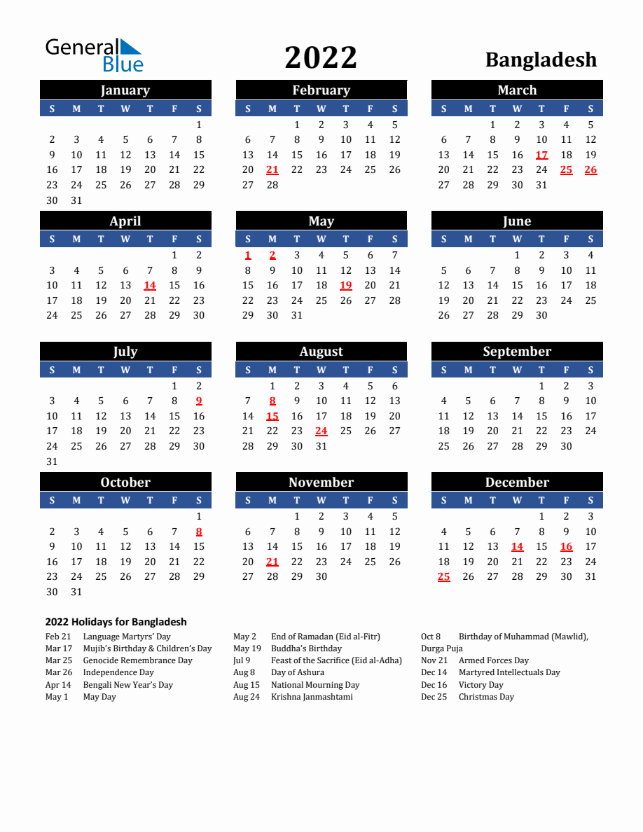 2022 Bangladesh Holiday Calendar