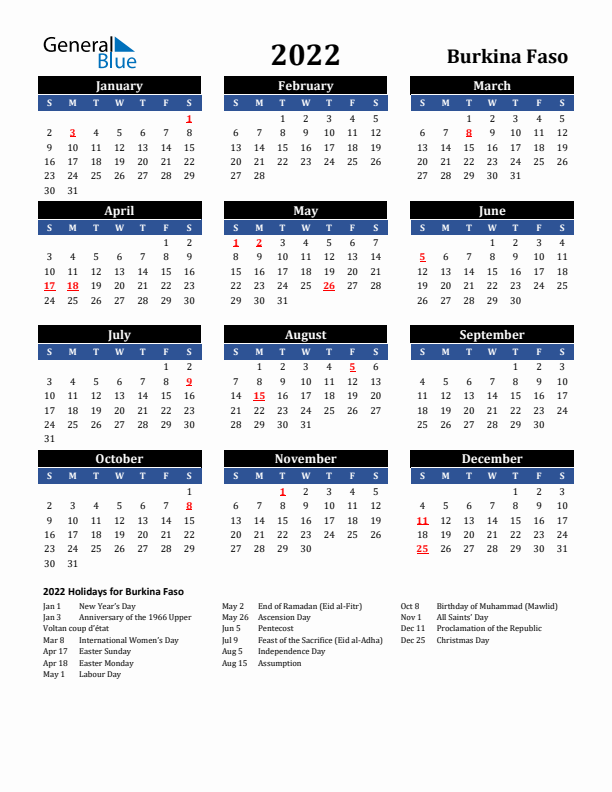 2022 Burkina Faso Holiday Calendar
