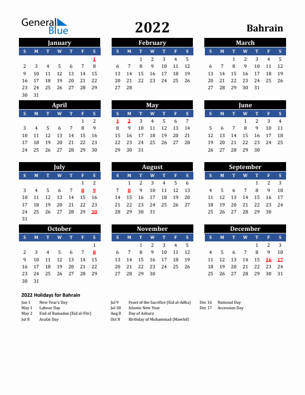 2022 Bahrain Holiday Calendar
