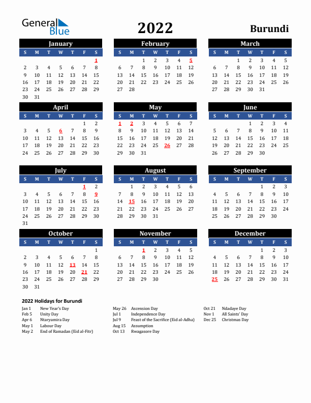 2022 Burundi Holiday Calendar