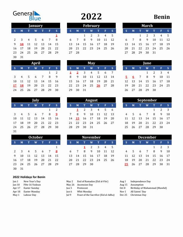 2022 Benin Holiday Calendar