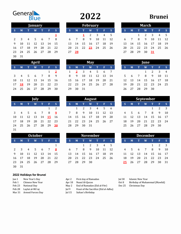 2022 Brunei Holiday Calendar