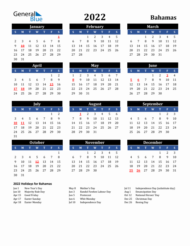 2022 Bahamas Holiday Calendar