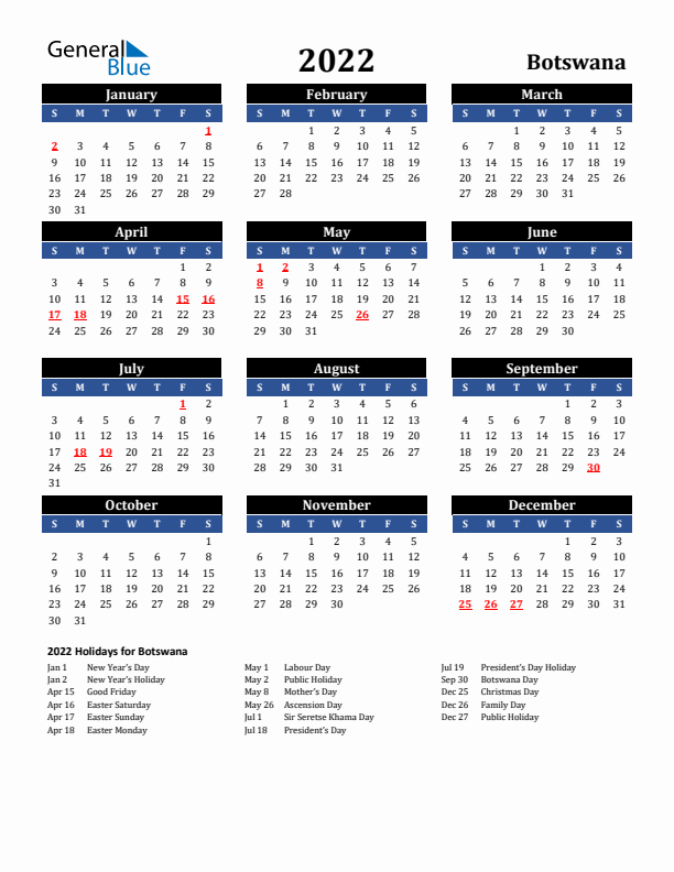 2022 Botswana Holiday Calendar