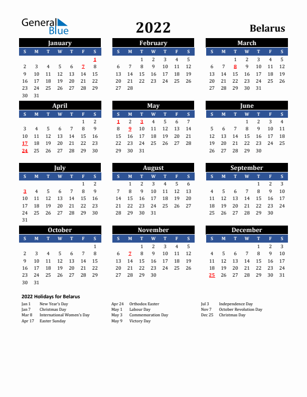 2022 Belarus Holiday Calendar