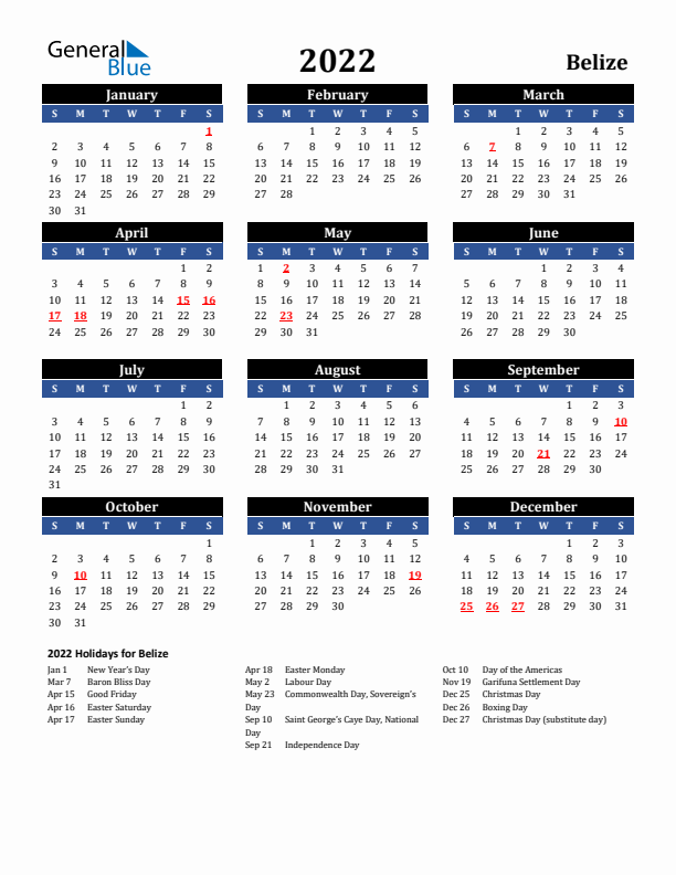 2022 Belize Holiday Calendar