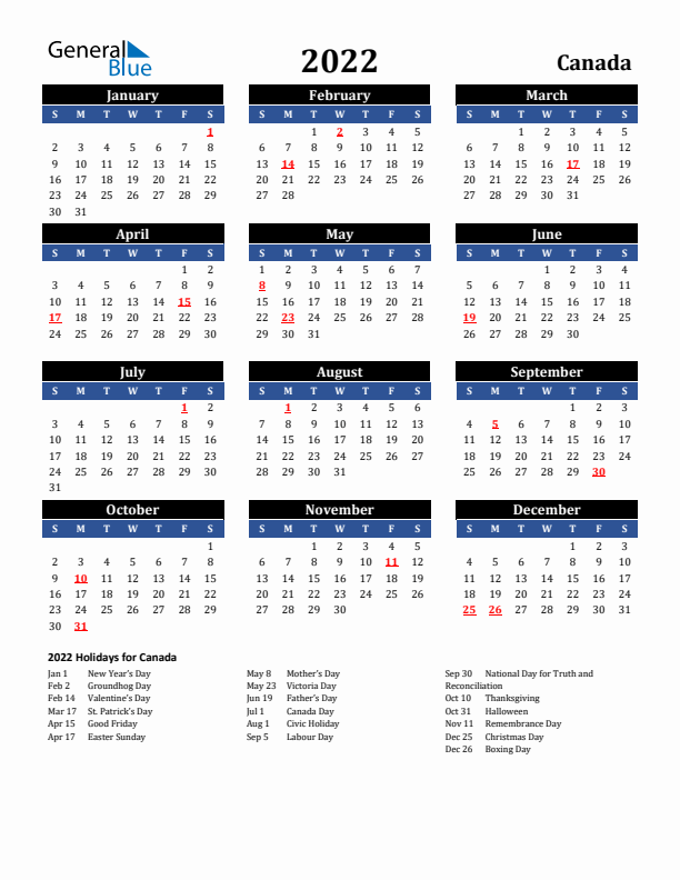 2022 Canada Holiday Calendar