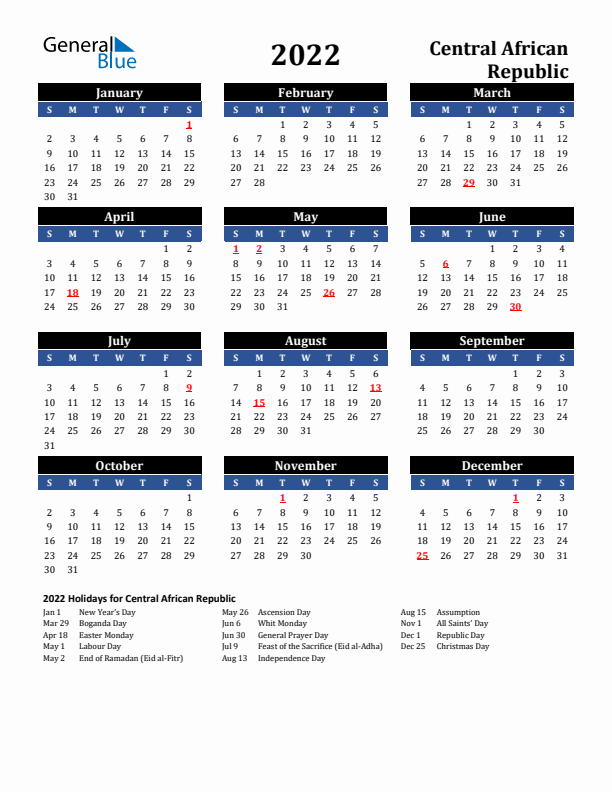 2022 Central African Republic Holiday Calendar