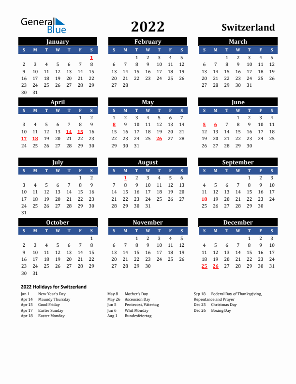 2022 Switzerland Holiday Calendar