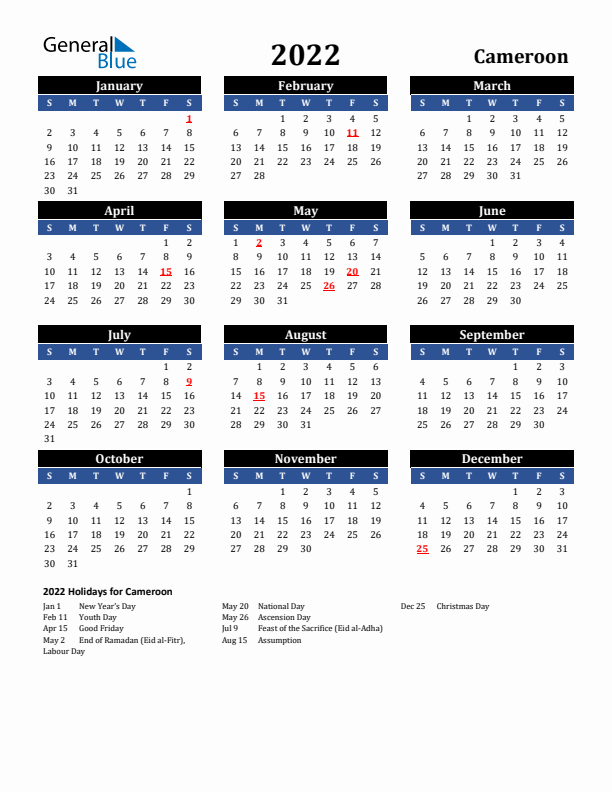 2022 Cameroon Holiday Calendar