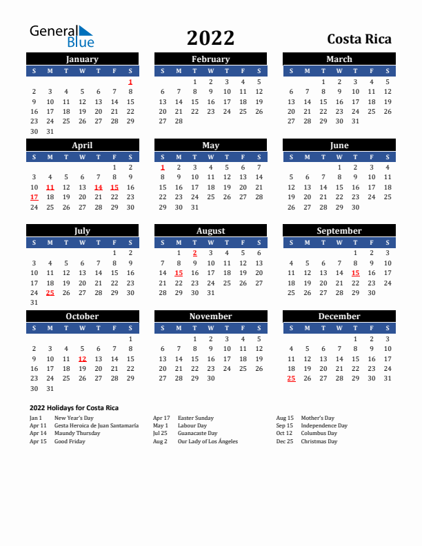 2022 Costa Rica Holiday Calendar