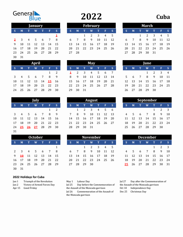 2022 Cuba Holiday Calendar