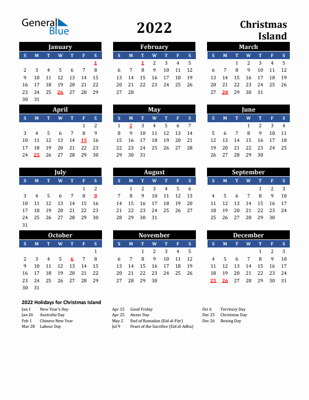 2022 Christmas Island Holiday Calendar