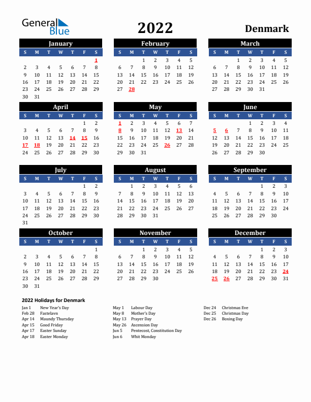 2022 Denmark Holiday Calendar