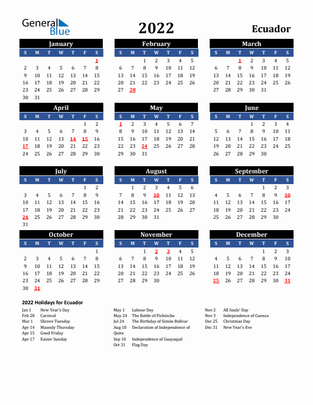 2022 Ecuador Holiday Calendar