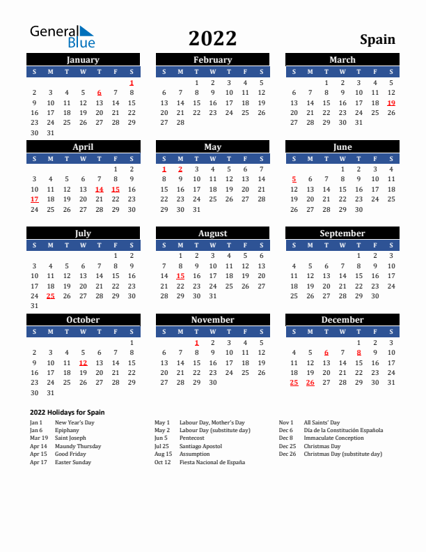 2022 Spain Holiday Calendar