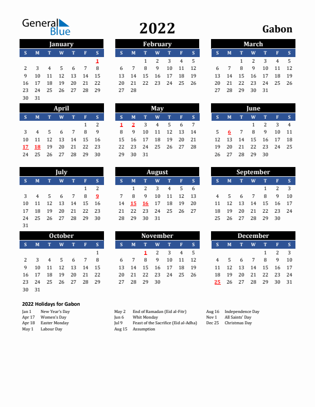 2022 Gabon Holiday Calendar