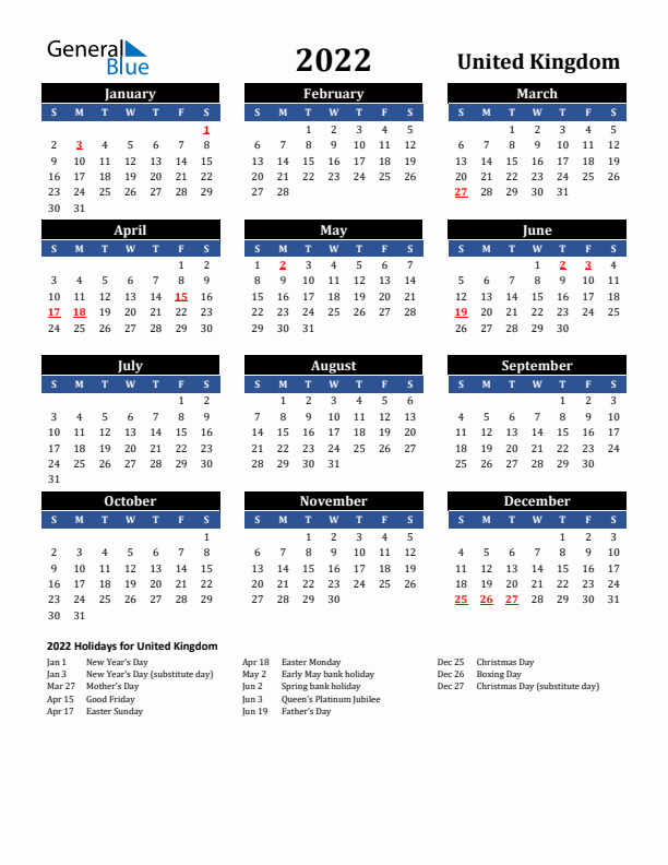 2022 United Kingdom Holiday Calendar