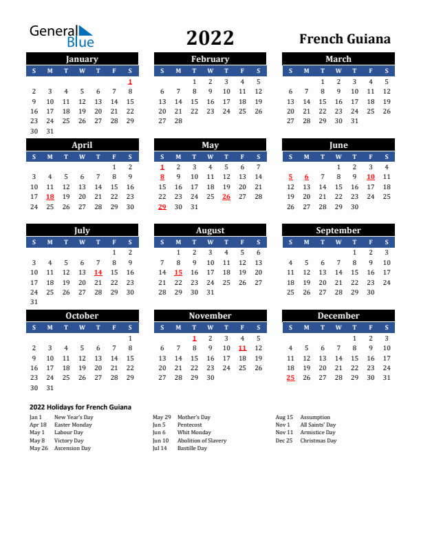 2022 French Guiana Holiday Calendar