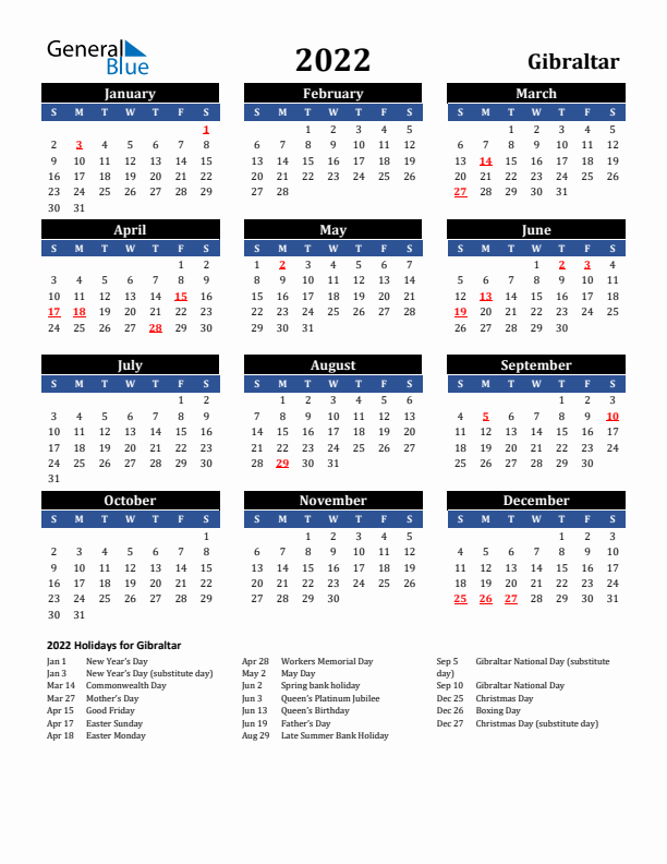 2022 Gibraltar Holiday Calendar