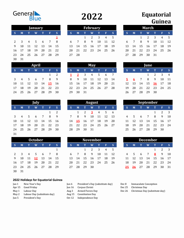 2022 Equatorial Guinea Holiday Calendar