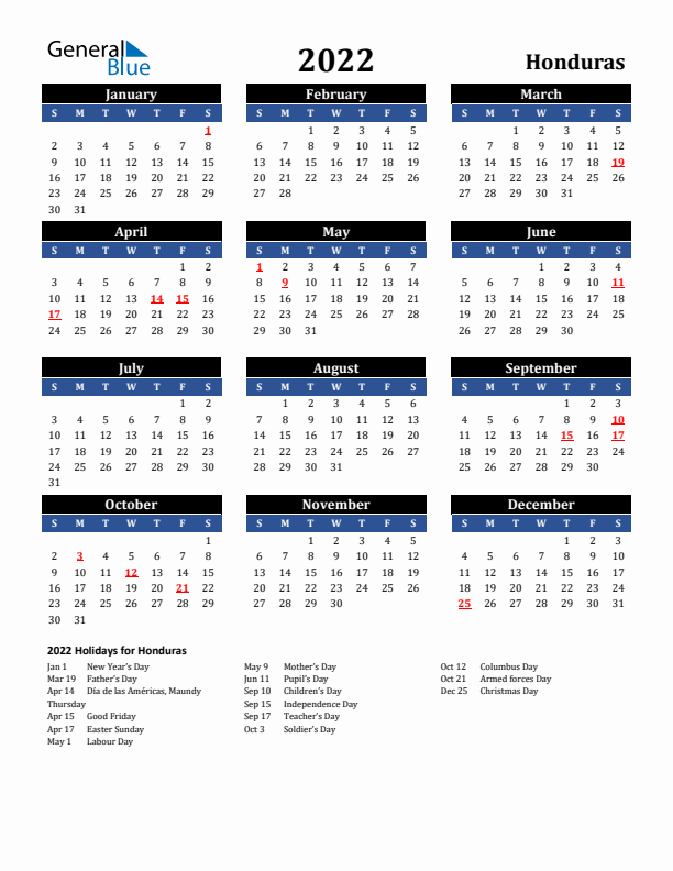 2022 Honduras Holiday Calendar