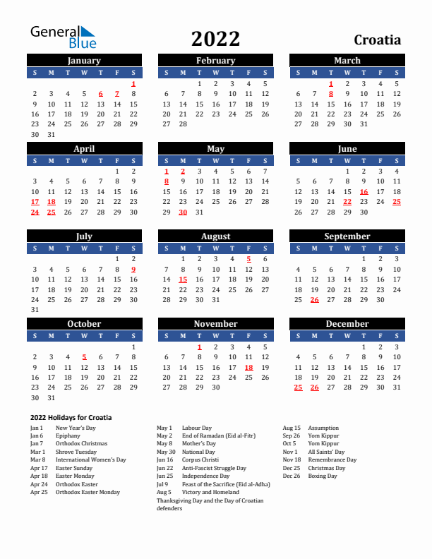 2022 Croatia Holiday Calendar