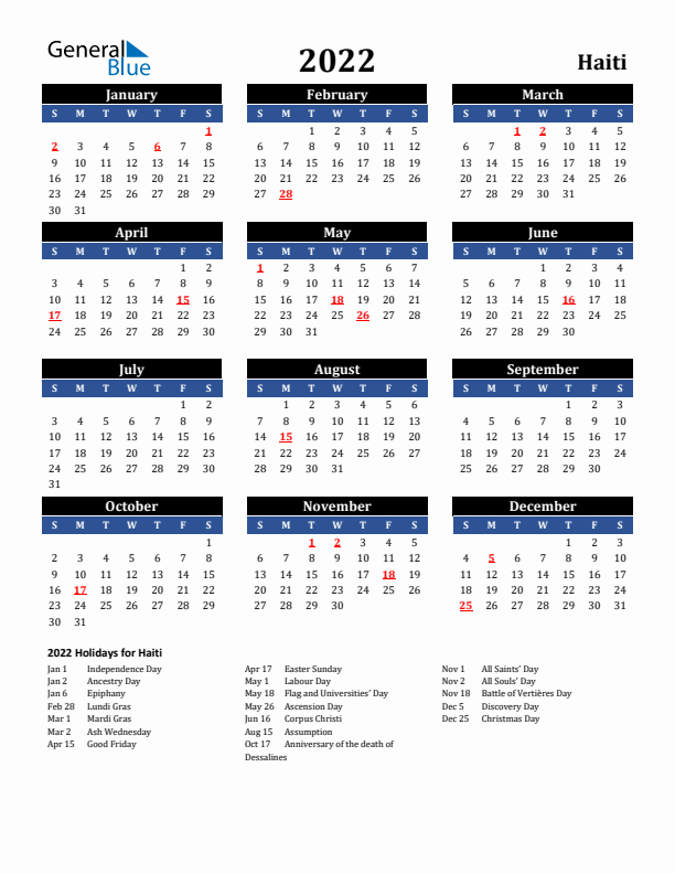 2022 Haiti Holiday Calendar