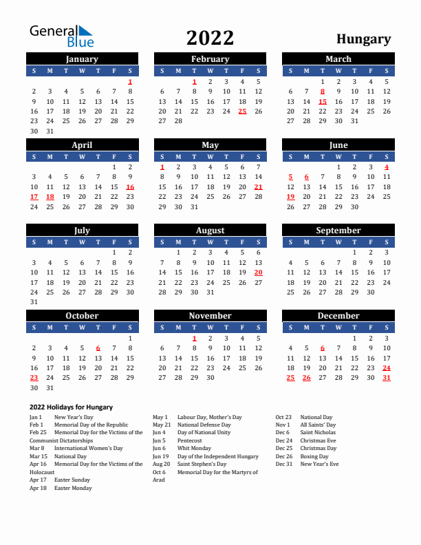 2022 Hungary Holiday Calendar