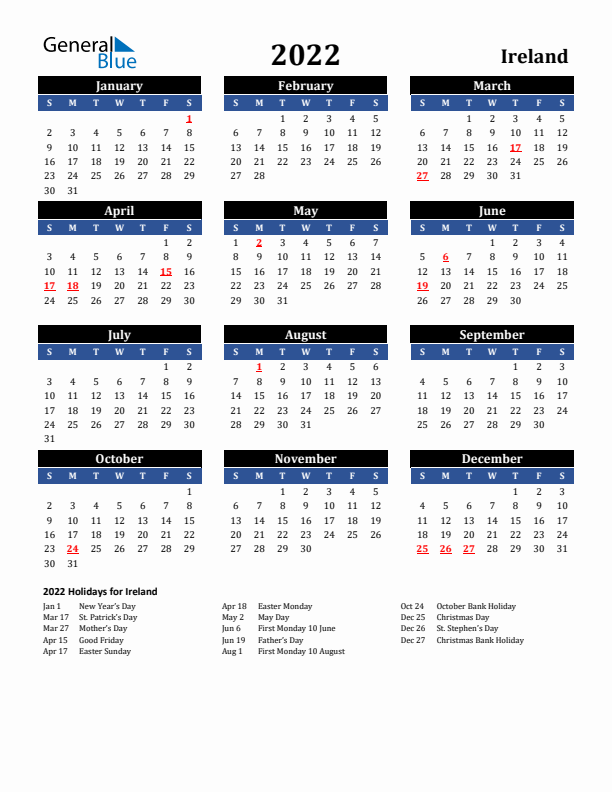 2022 Ireland Holiday Calendar