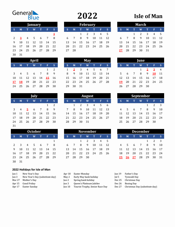 2022 Isle of Man Holiday Calendar