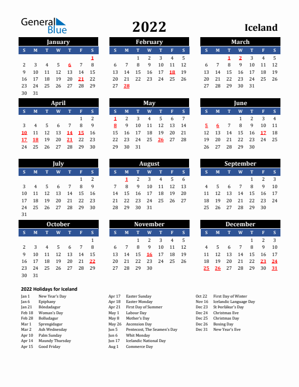 2022 Iceland Holiday Calendar