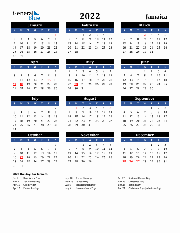 2022 Jamaica Calendar with Holidays