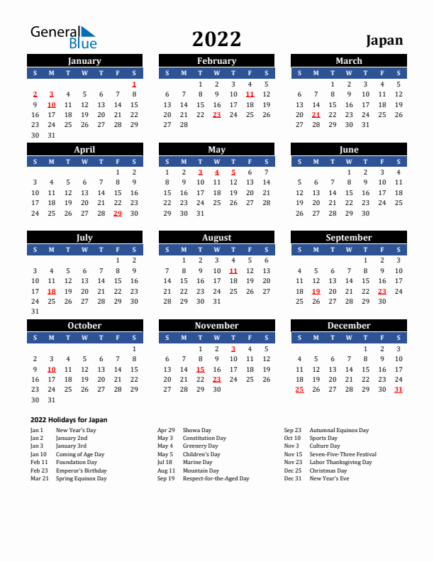 2022 Japan Holiday Calendar